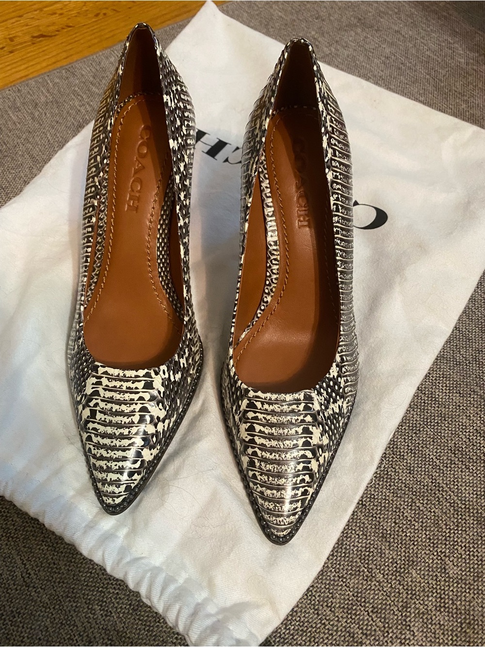Coach Black and White Snakeskin-Print Pointed Pumps